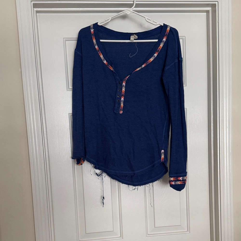 Free People Blue Long Sleeve Top with Patterned Trim